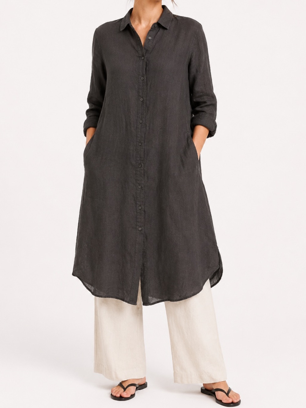 CP Shades - Black Linen Long Sleeve Midi Dress / Coverup - Size XS